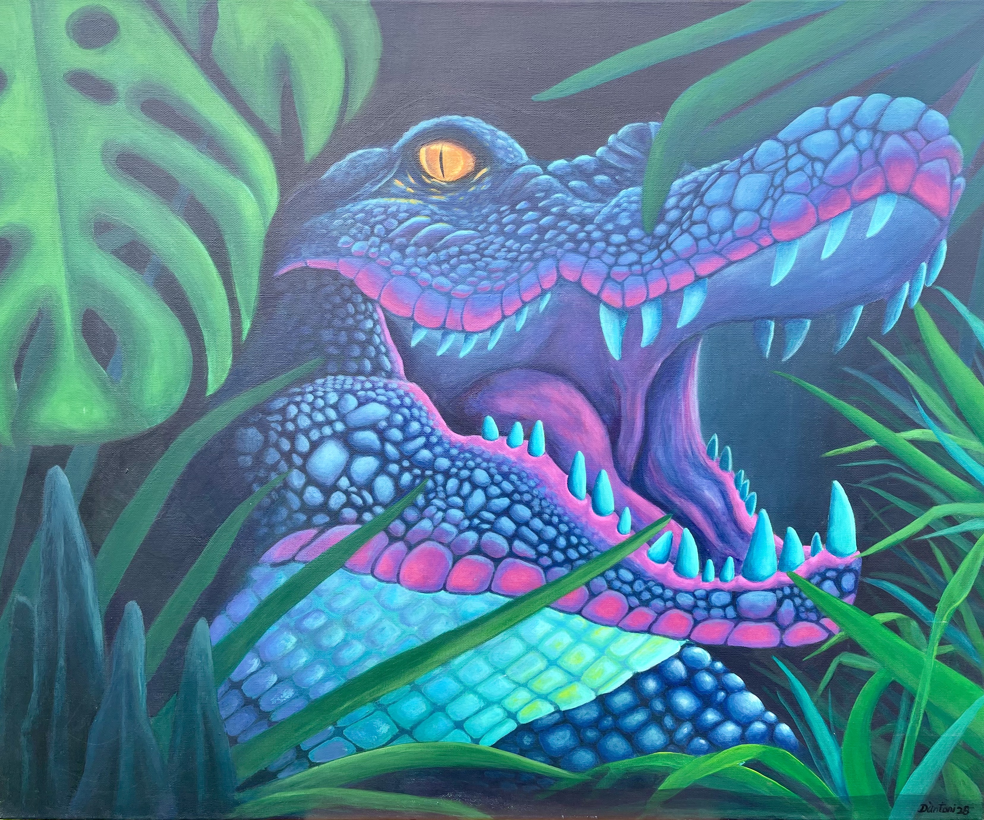 Hi-viz alligator painting in neon cyan, pink, and indigo