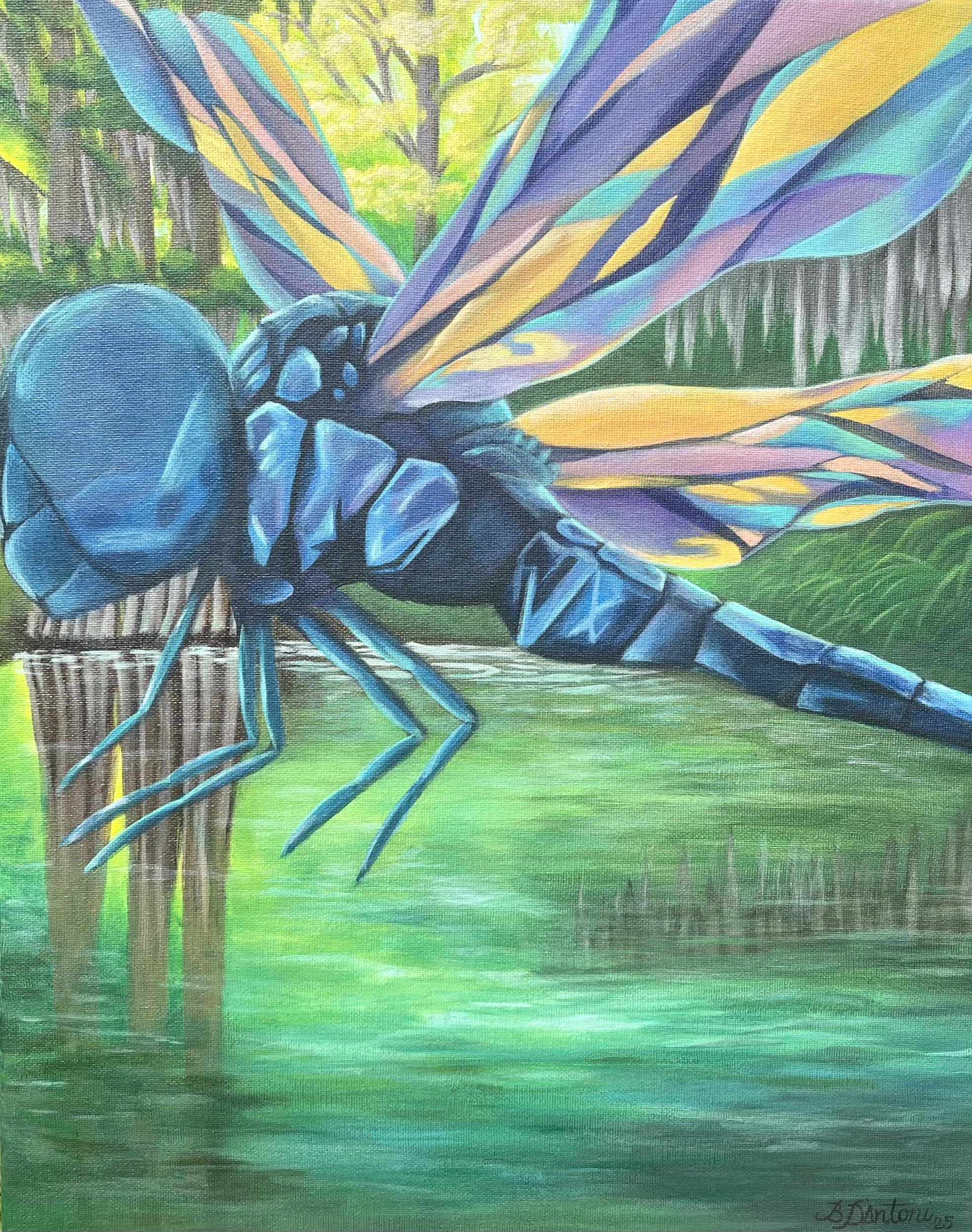 Iridescent dragonfly painting over glowing bayou water