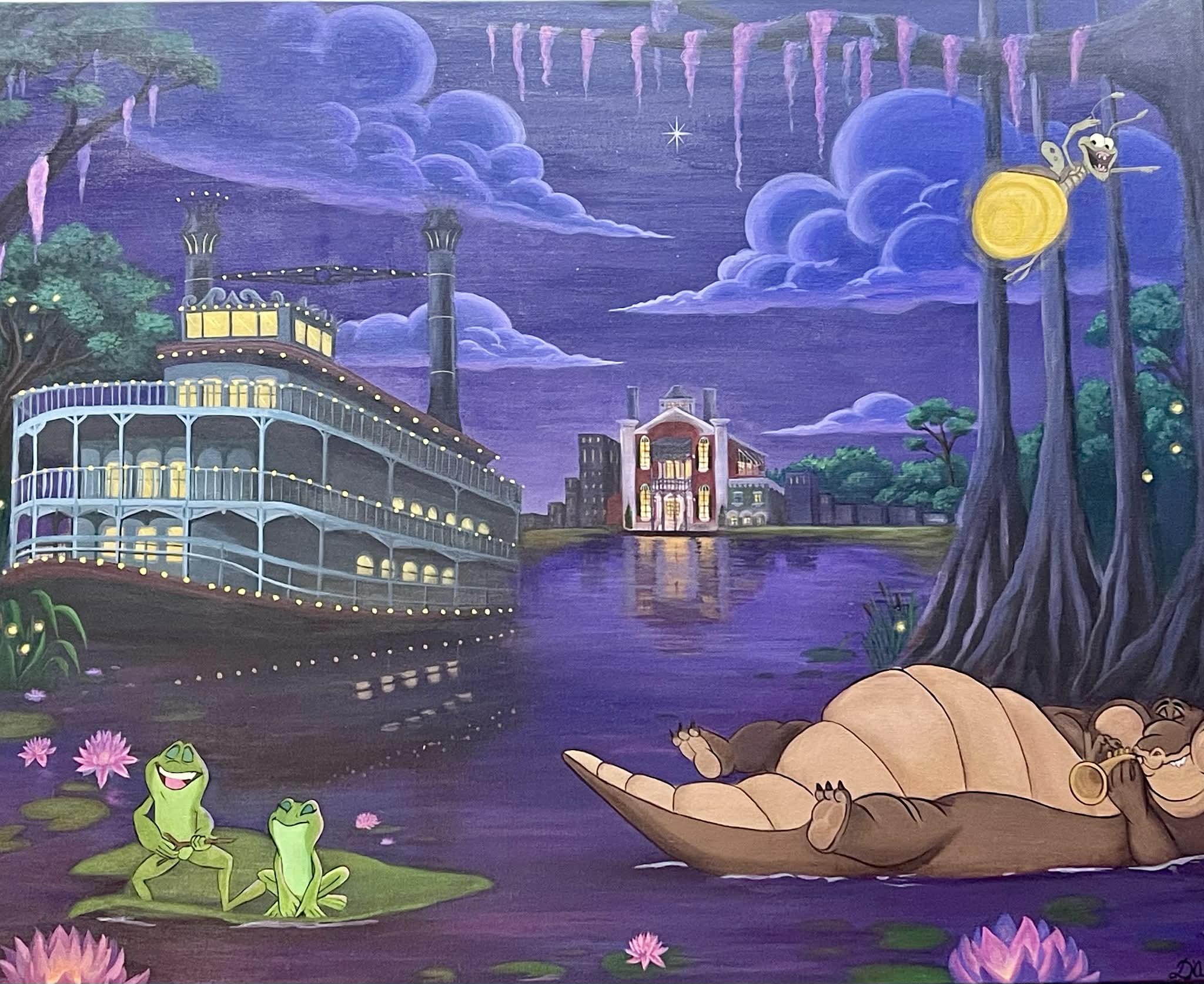 Storybook bayou scene with riverboat, frogs, and moonlit water